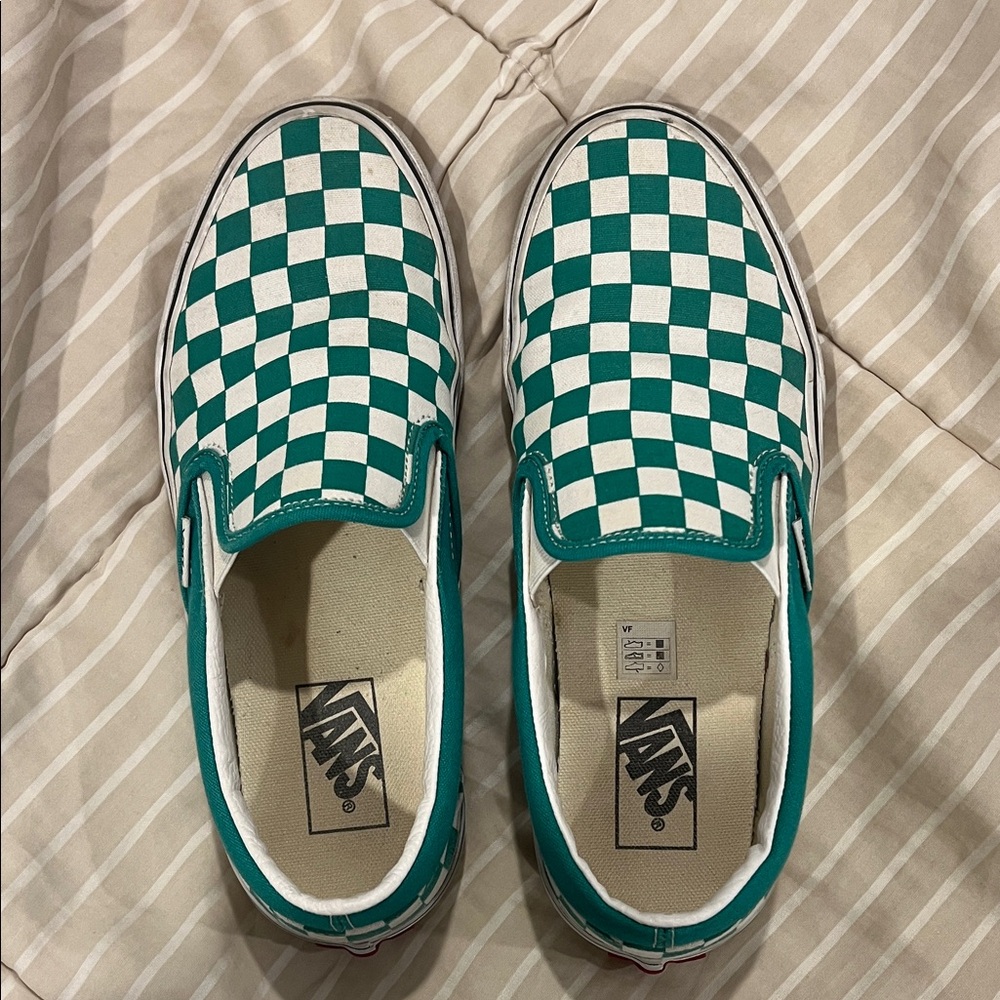 Vans Green and White Checkered Slip-On Sneakers